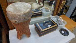 A C20th gilted toleware box, coins, bong