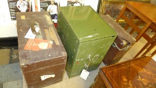 A bygone metal filing drawer and a leather clad travelling case