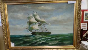 An oil on canvas depicting clipper in fu