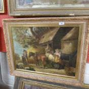 An oil on canvas farm scene within gilt