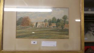 A watercolour country mansion with label