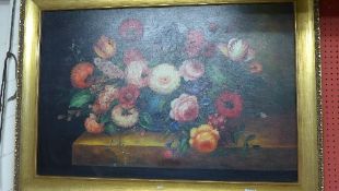 An oil on canvas Dutch School still life vase of flowers in gilded frame
