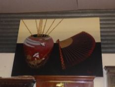 An oil on canvas Japanese vase and fan signed Franco