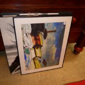 A pair of monochrome prints of Jacky Kennedy and print of moored vessel