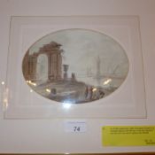 An C18th watercolour in the manner of Francesco Guardi of a Venetian lagoon with Roman ruins and