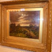 A C19th oil on canvas by A W Sharp landscape farmland study at dusk with farmer walking up a path