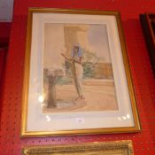 A Henrique Medina watercolour of an Egyptian queen with a dove on a balcony glazed and framed