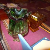 A Murano style green coloured vase and an amber glass similar