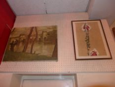 An Egon Schielle print of flowers together with an unframed oleograph of a bridge over a river after