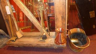 A Victorian brass coal bucket together with a Victorian copper jug and fireside tools