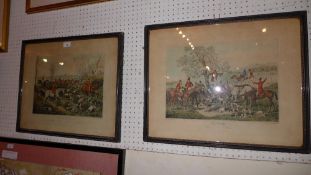 A pair of Victorian hand coloured engravings of fox hunting drawn by Henry Alken and engraved by R G