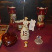 A pair of Continental vases and the matching comport (A/F) together with a trinket box, miniature