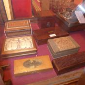 A collection of seven various wooden boxes including a bridge box with cards
