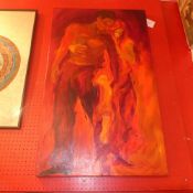 A contemporary unframed Swedish oil on canvas of two figures signed indinstinctly and dated 2002