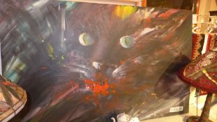 A contemporary unframed oil on canvas 'Cat Eating Bird' by Oliver Tafforim titled signed and dated