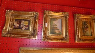Three gilt framed oils on board, one Venetian scene, a still life and an Arabian scene with warriors