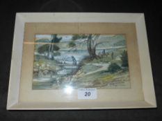 An Australian watercolour figures by lake signed Pixie O' Harris 12 cm x 22 cm
