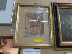 A watercolour interior scene Grandmother and child reading in gilt frame