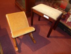 A velour upholstered gout stool together with a mahogany stool in green upholstery