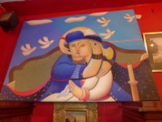 A large contemporary oil on canvas of two seated lovers with doves