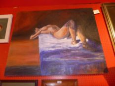 A contemporary oil on canvas of a reclining female nude by Joe McLoughlin signed