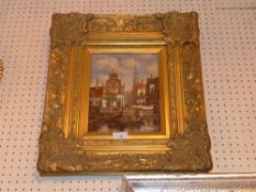 An oil on board Venetian scene with buildings in the distance and a figure in gondola in the fore in