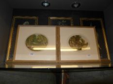 Two colour engravings angles, farmhouse and three prints after Mary Gold
