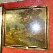 An oil on canvas mountainous landscape with cattle in the fore signed lower right