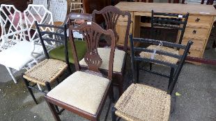 A harlequin set of chairs including two bamboo, two Hepplewhite design, three rush seat ebonised
