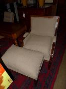 A French style walnut bergere upholstered in beige fabric with matching stool W 72 D 68 H 93 cm