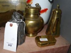 A C17th Dutch pewter weight, Dutch brass weight, brass tobacco box and brass coffee pot