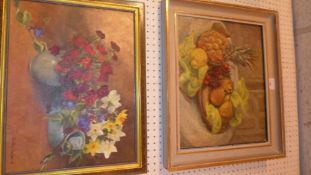 An oil on canvas still life study of fruit on a table and a similar of flowers (2)