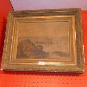 A C19th oil on board coastal scene with figures on the shore signed indistinctly bottom left in gilt