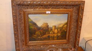 An oil panel landscape of a town scene by a river with a ruined castle  the background signed Robert