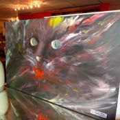 A contemporary unframed oil on canvas 'Cat Eating Bird' by Oliver Tafforim titled signed and dated