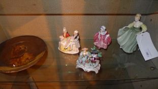 A Victorian papier mache plate hand painted with a dog together with a Royal Daulton figure 'Fair
