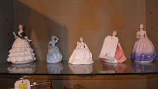 A collection of five figurines of ladies including a Royal Doulton figure 'Debbie' (two A/F)