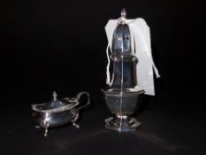 A hallmarked silver salt shaker together with a mustard and spoon ( no liner )