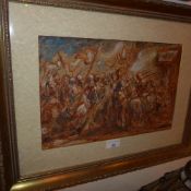 A gouache battle scene in giltwood gesso frame