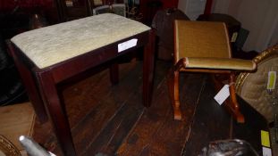 A velour upholstered gout stool together with a mahogany stool in green upholstery