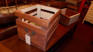 A painted pine twin handled storage crate with slatted sides