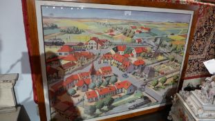 A glazed and framed mid C20th French school poster of a village scene