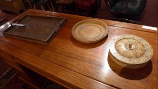 A profusely carved rectangular tray (a/f) together with a circular Treen jar and a dish