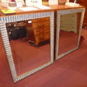 A pair of rectangular wall mirrors in scalloped painted distressed finish frames