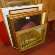 A mixed group of glazed and framed paintings and prints