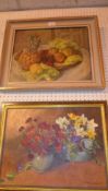 An oil on canvas still life study of fruit on a table and a similar of flowers (2)