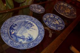A large C19th Rogers blue and white Elephant pattern meat platter together with two plates in the