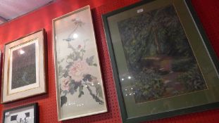 A Chinese print of ponies a Thai landscape in oil signed Md Suda and a pastel drawing of a wooden