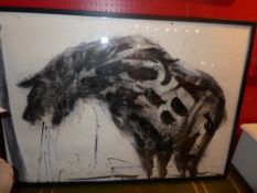 A charcoal and ink drawing of a hyena signed