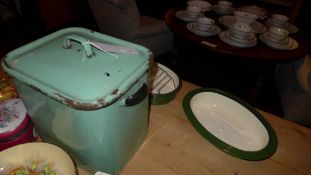A green vintage enamelled bread bin, together with a similar rectangular enamelled container and